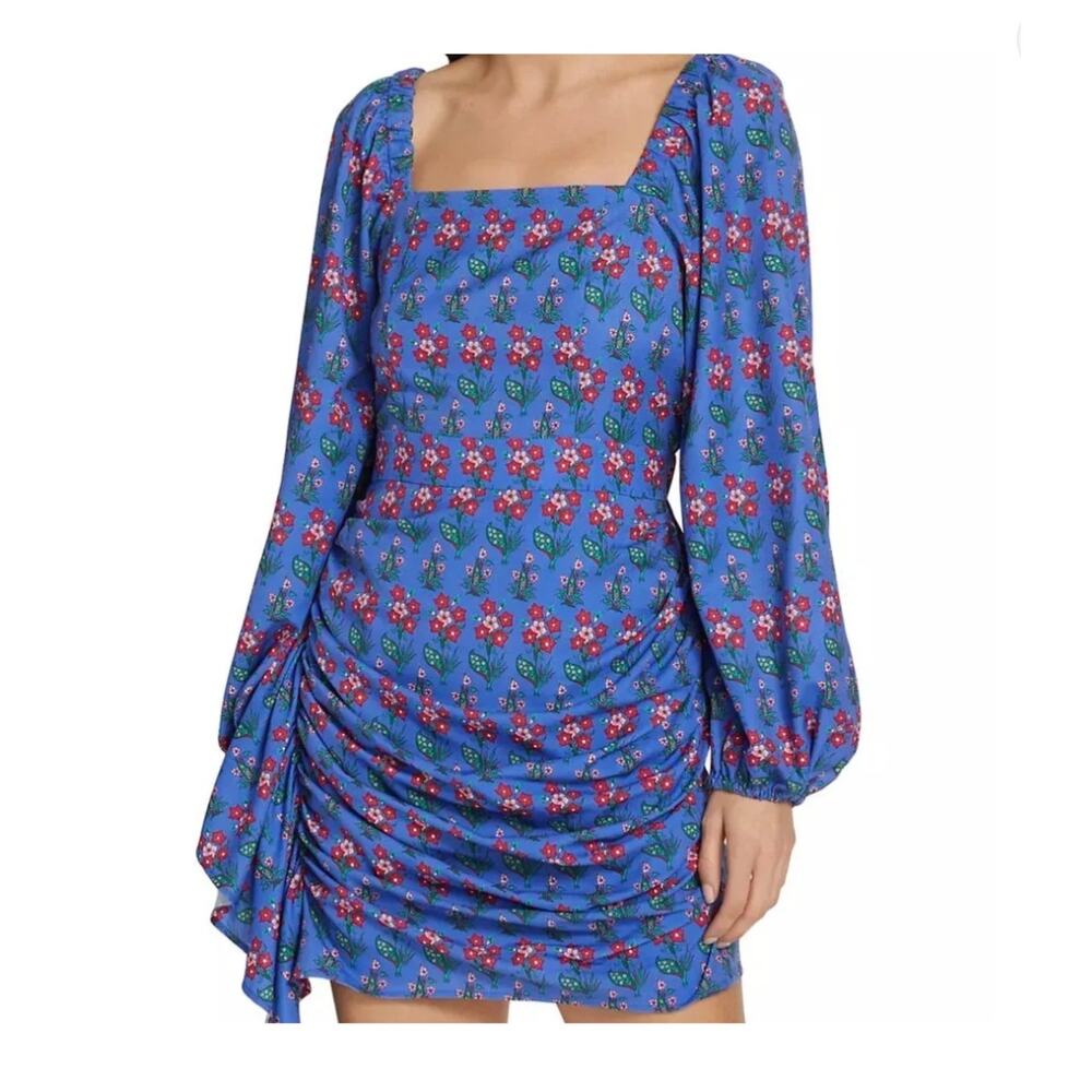 Rhode Mina Draped Floral Print Crepe de Chine Mini Dress Blue Small